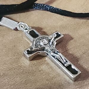 St. Benedict Black And Silver Toned Cross Pendant Necklace